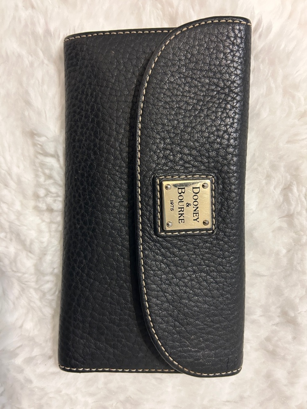 Dooney & Bourke Black Pebbled Leather Continental Wallet with Gold Plaque
